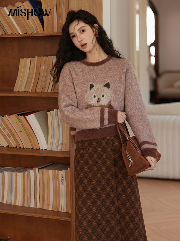Mishow Faux Sable Cartoon O-Neck Loose Pullover MXD45Z0860