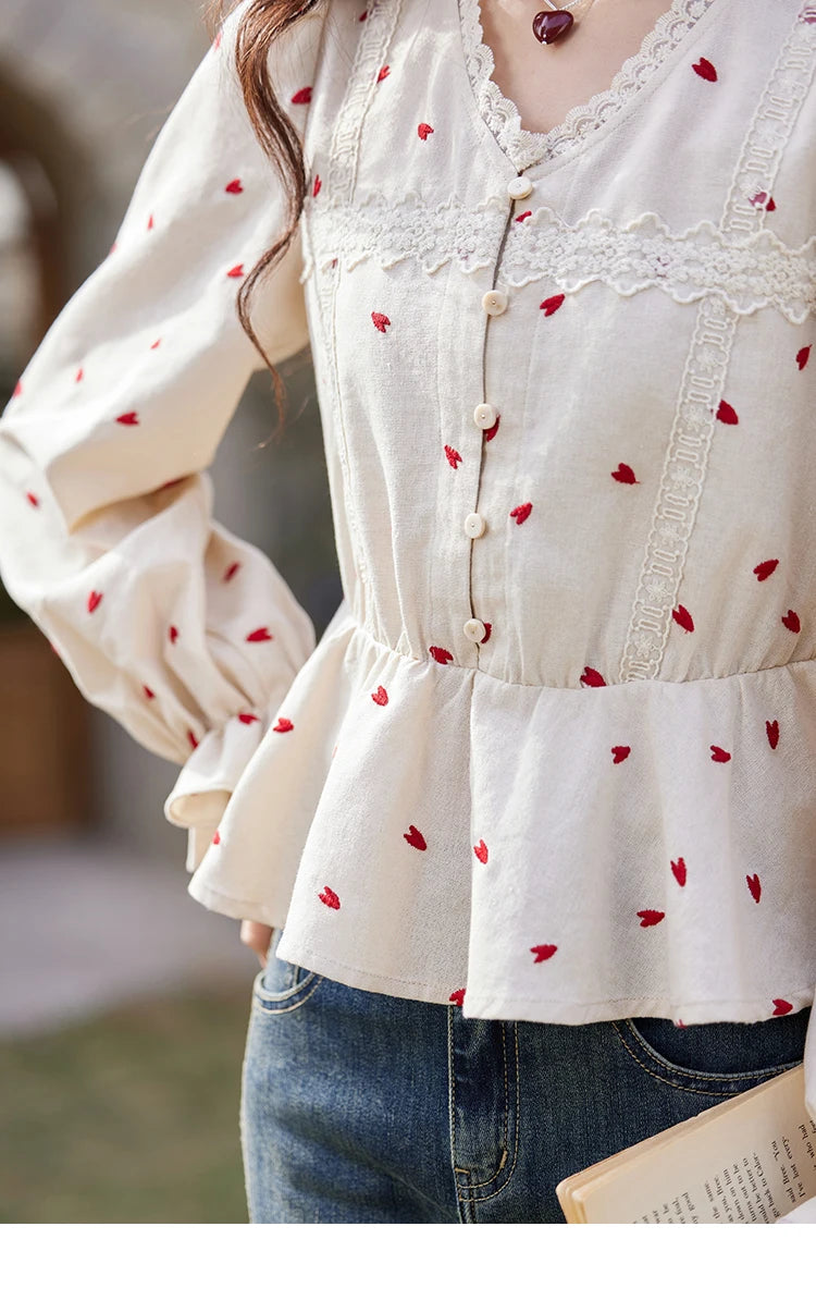 MISHOW Love Embroidered V-Neck Blouse Waist Ruffle MXE13X1700