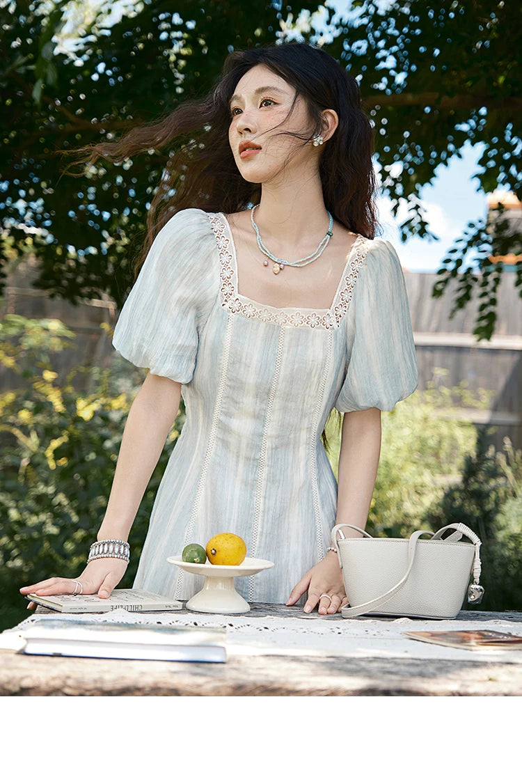 Mishow Striped Square Neck Lace Hollow Dress MXE39L2403