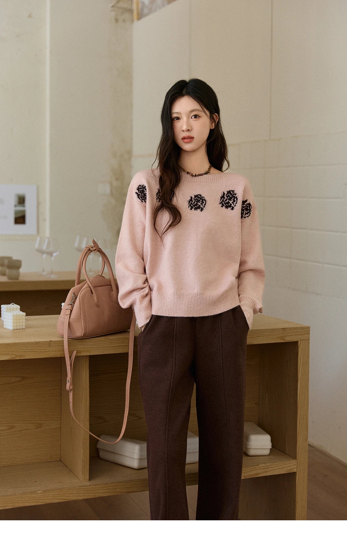 Mishow Pink Jacquard Lantern Sleeve Drop Shoulder Sweater MXE91Z2775