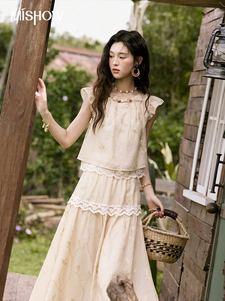 Mishow Short Flying Sleeve Top & Hollow Embroidery A-Line Skirt Set MXE33T0545