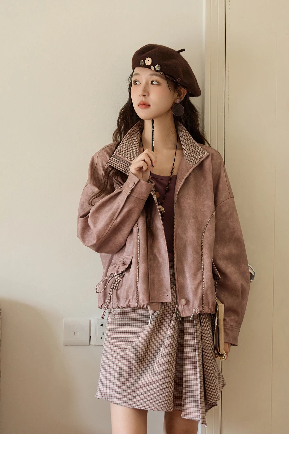 MISHOW Dyed Leather Jacket Contrasting Plaid Lapel Bow Pockets MXE44W0818