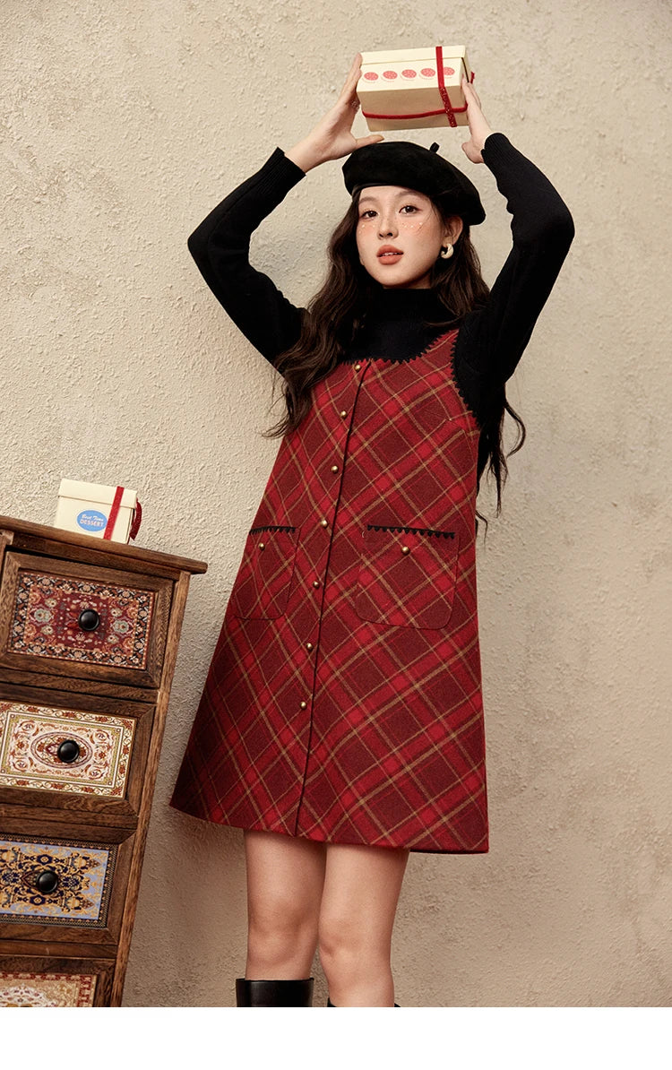 Mishow Plaid Square Neck Woolen Vest Dress MXD58L2078