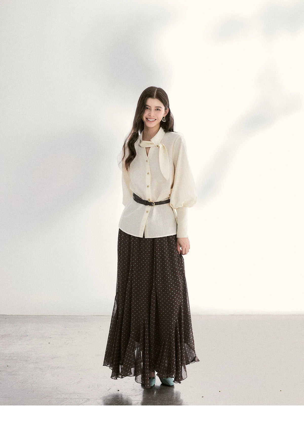 MISHOW Women's Tie Neck Shirt Hollow Out Knitted Patchwork Puff Sleeve MXF108C0812