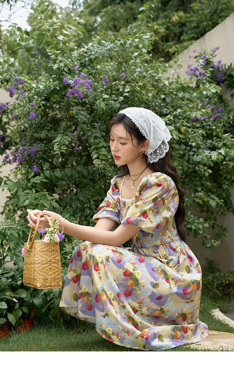 Mishow Floral Smocked Puff Sleeve Beach Dress MXD24L1905