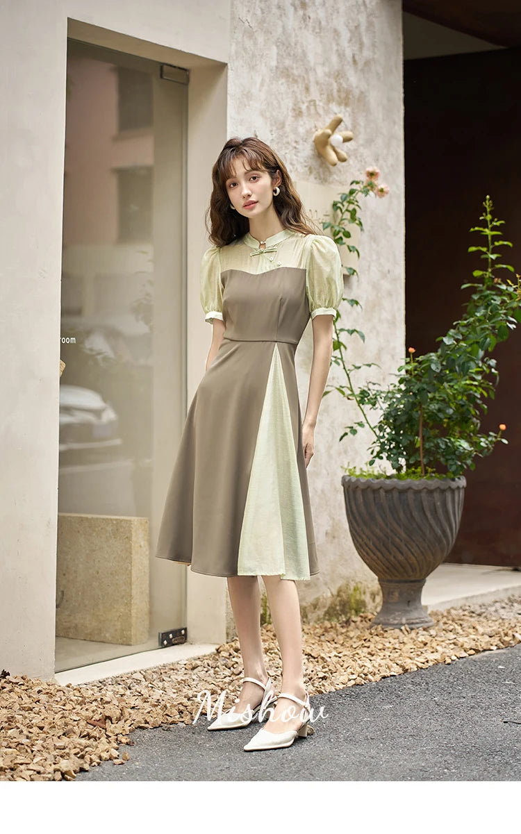 Mishow Chinese Style Puff Sleeve Fake Two-Piece Dress MXC35L1354