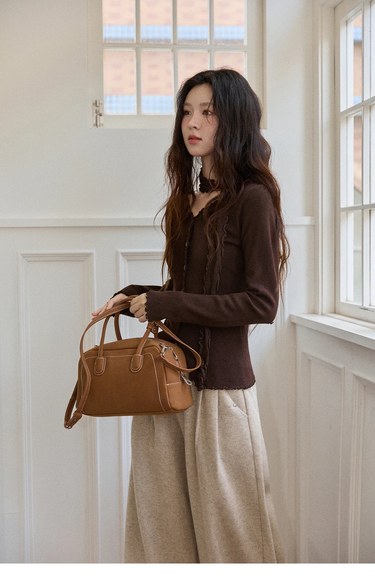 Mishow Ruffled Edge V-Neck Ribbon Knit Pullover MXE86Z2728