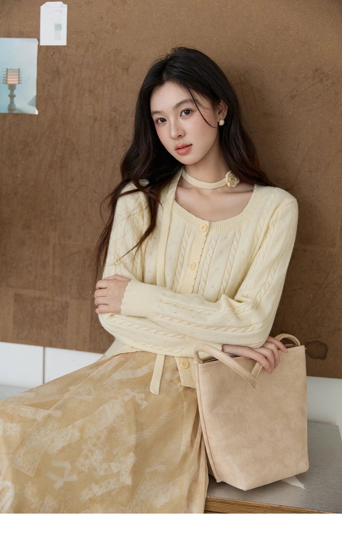 Mishow Beige Cable Knit Square Neck Cardigan MXF11Z2903