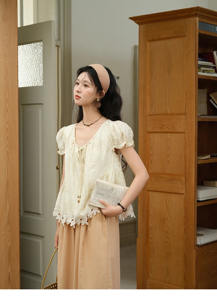 MISHOW French Round Neck Lace Up Blouse Embroidery Puff Sleeve MXE39X1956