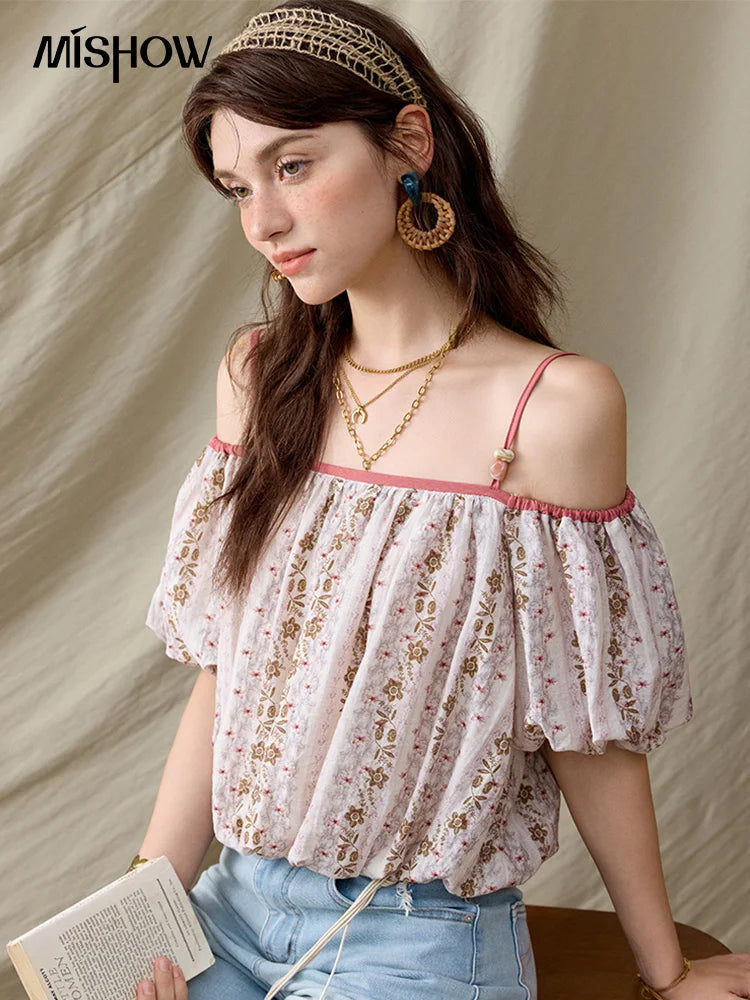 MISHOW One-Shoulder Floral Blouse Short Sleeve Contrast MXE31X1767