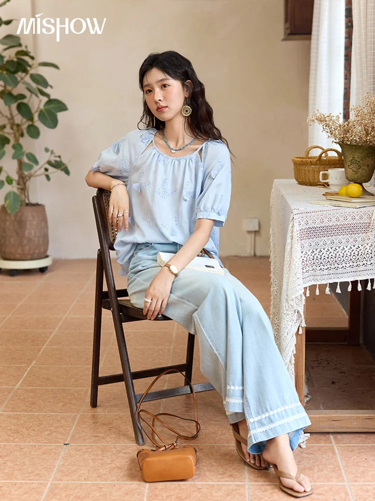 MISHOW Butterfly Embroidery Blouse Hollow Out O-Neck MXE36X1878