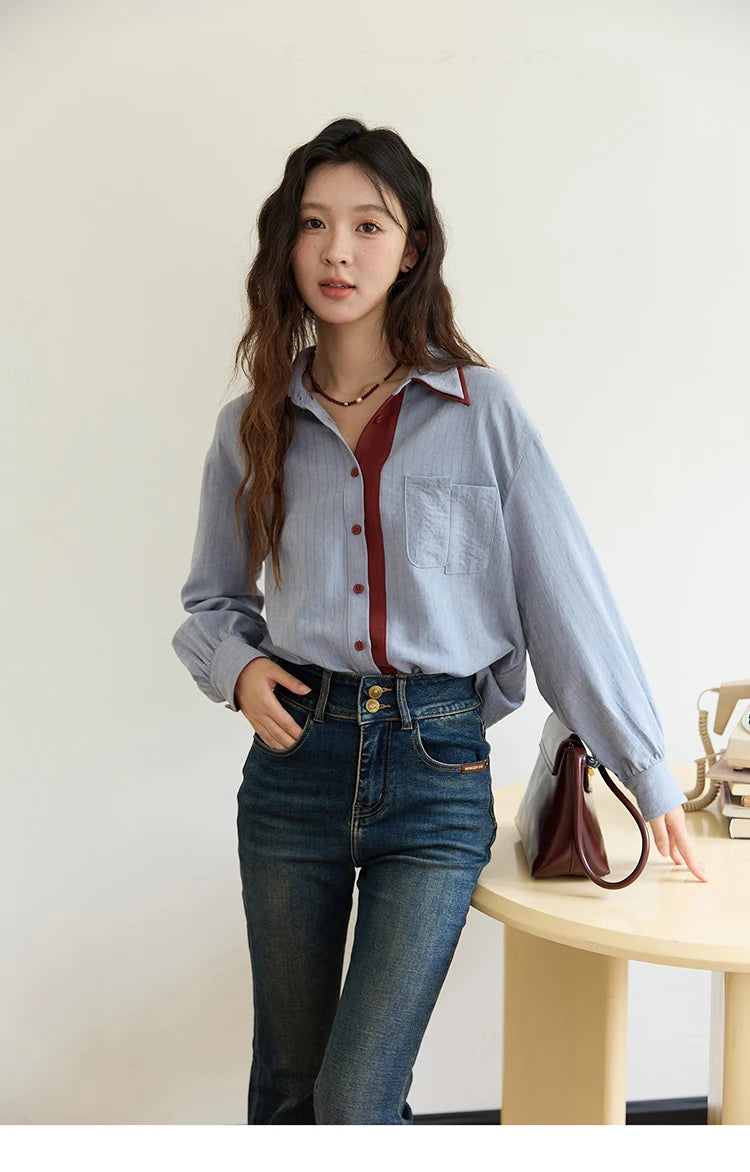 MISHOW Blue Red Striped Shirt Contrast Splicing Lapel MXE46C2405