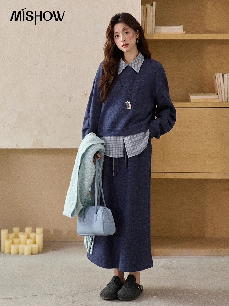Mishow Blue Plaid Knit Top & Straight Skirt Set MXE87T1445
