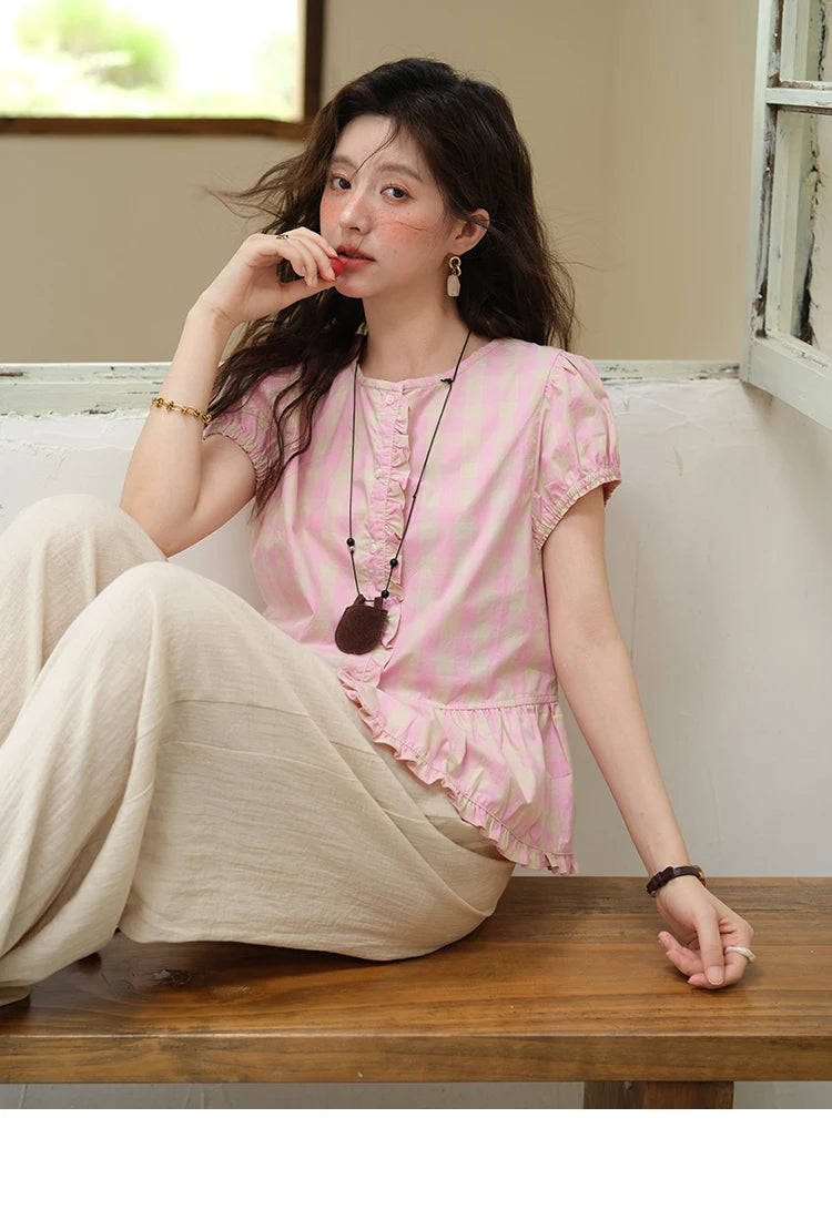 MISHOW Pink Plaid Puff Sleeve Shirt O-Neck Button MXE39X1932