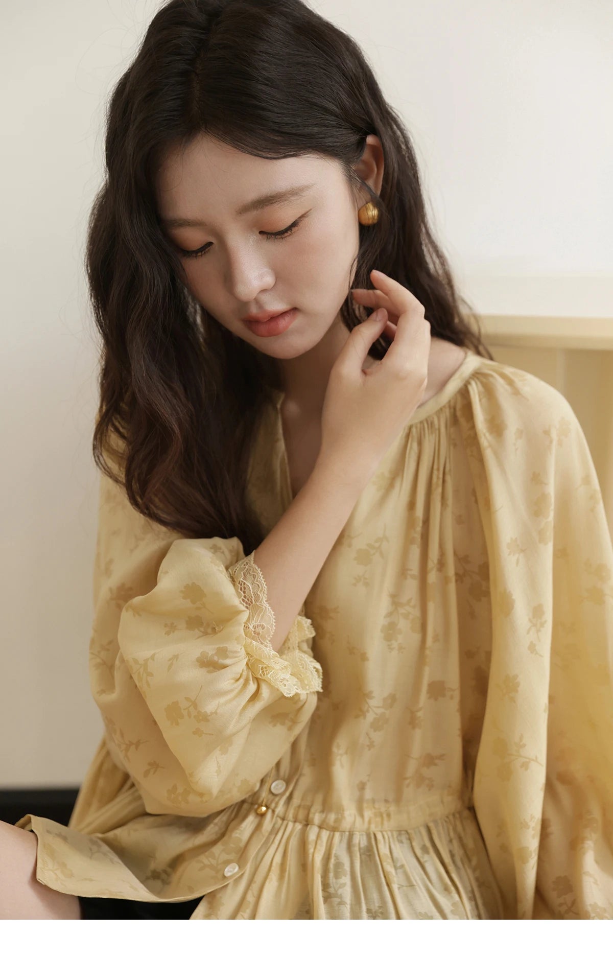 MISHOW Yellow Print Shirt Lantern Sleeve Drawstring Waist MXE45X2499