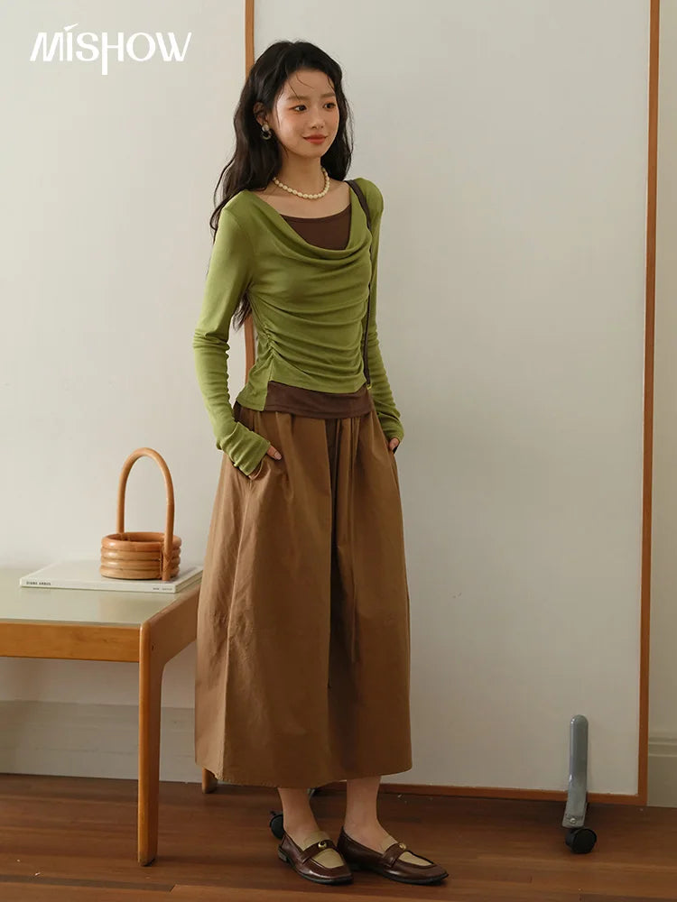 MISHOW Brown Cotton Bud Skirt Elastic Drawstring High Waist Pocket MXE41B2367