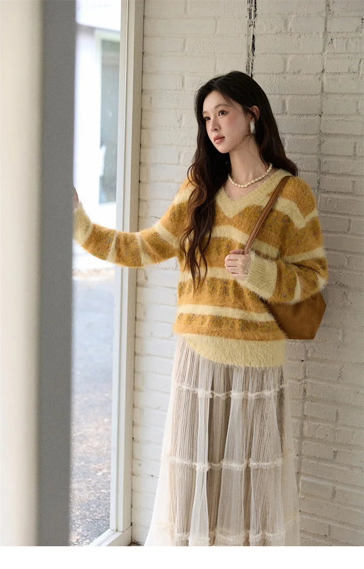 Mishow Retro Yellow Striped Faux Mink Jacquard Sweater MXE87Z2766