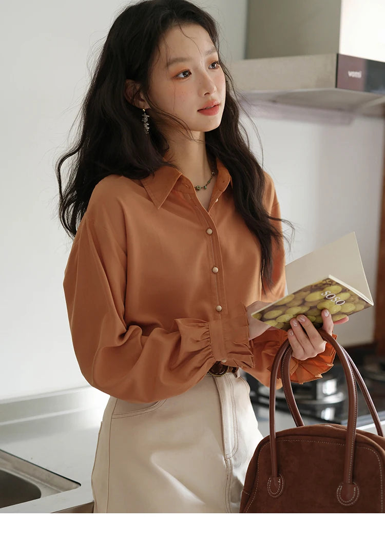 MISHOW Women's Color Block Shirt Pleated Cuffs Lapel Top MXE41C2352