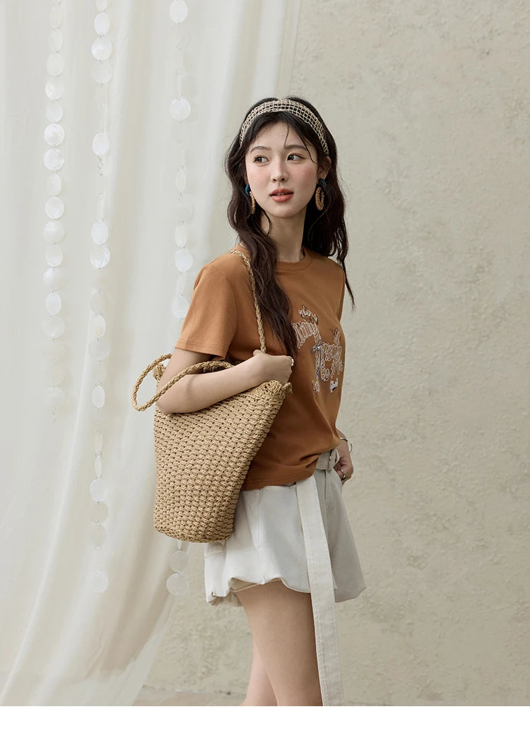 Mishow Cartoon Print Loose Embroidery Tee MXE31T0550