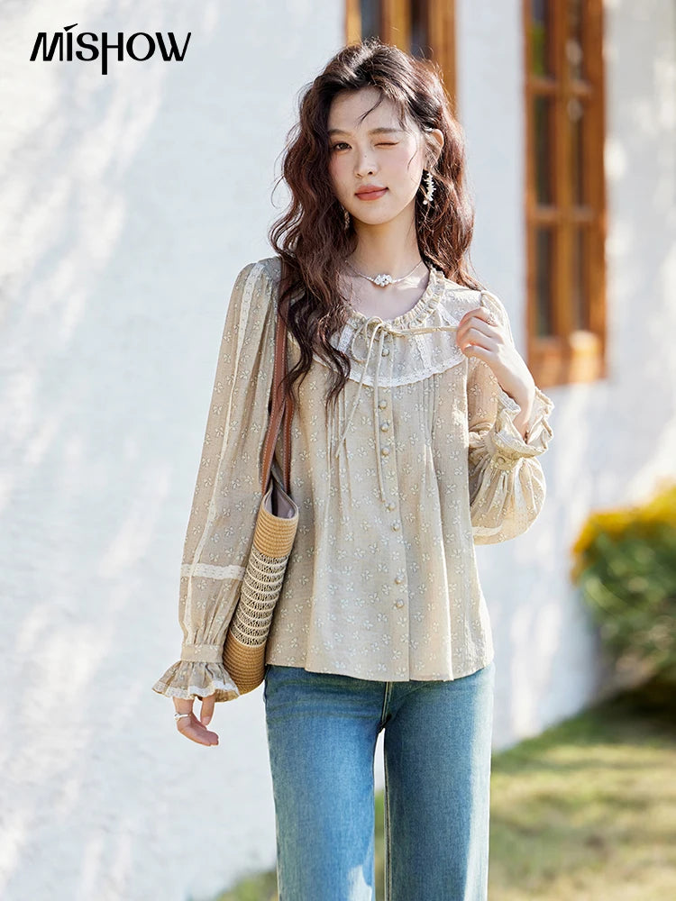 MISHOW Floral Round Neck Shirt Ruffled Collar Petal Sleeve MXE14X1729
