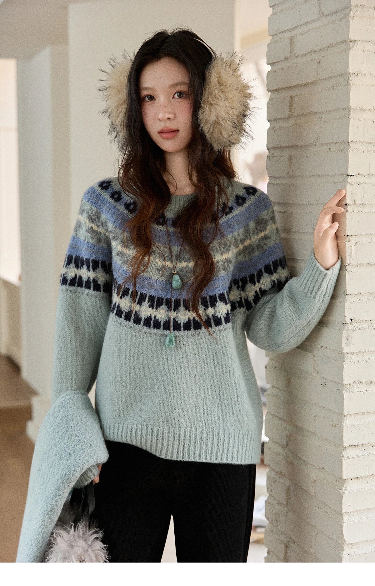 Mishow Blue Fair Isle Geometric Jacquard Pullover MXE87Z2767