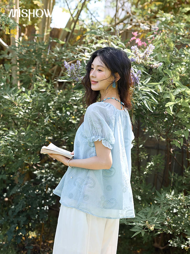 MISHOW Embroidered Flower Shirt Puff Sleeve Round Neck MXE39X1922