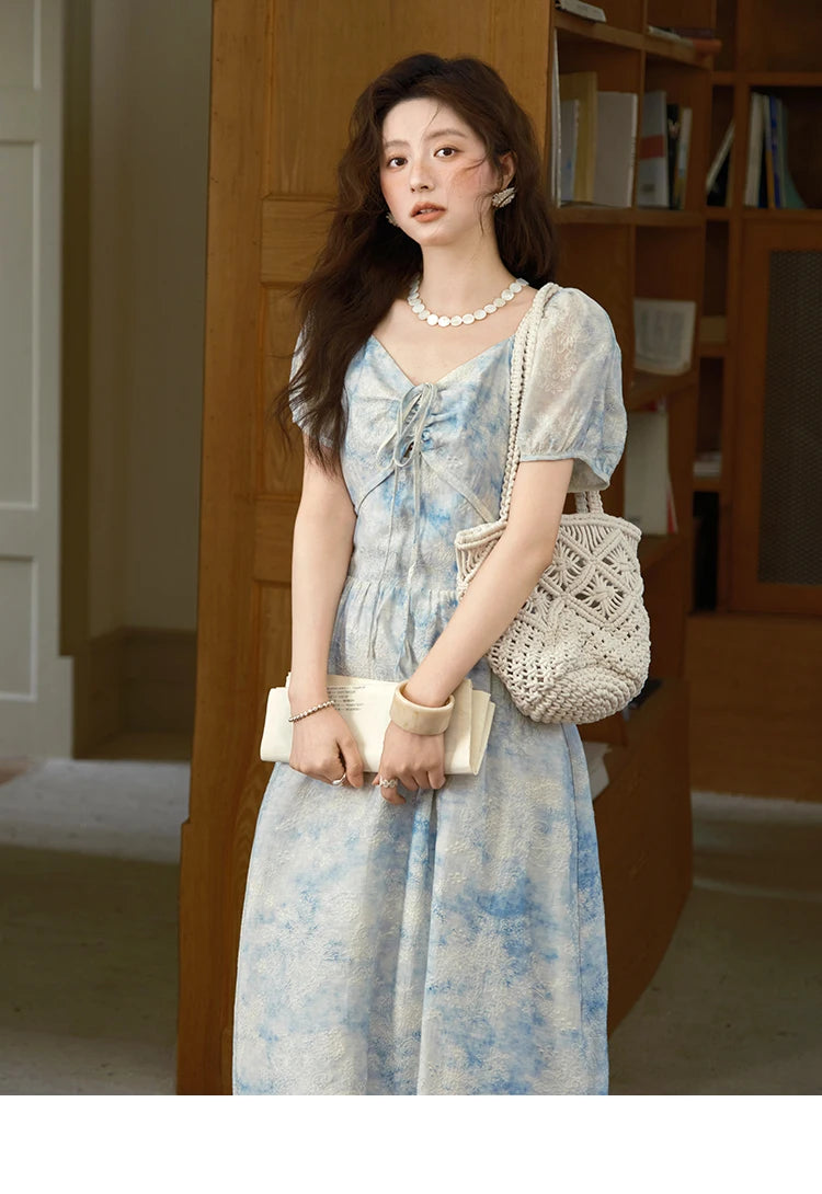 Mishow V-Neck Lace-Up Puff Sleeve Flower Dress MXE38L2379