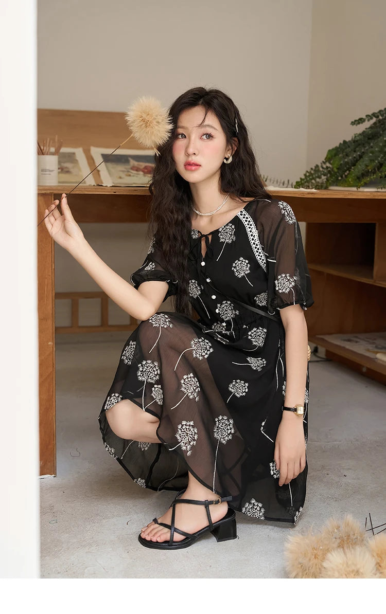 Mishow Taraxacum Black Embroidered Lace-Up Dress MXC39L1567
