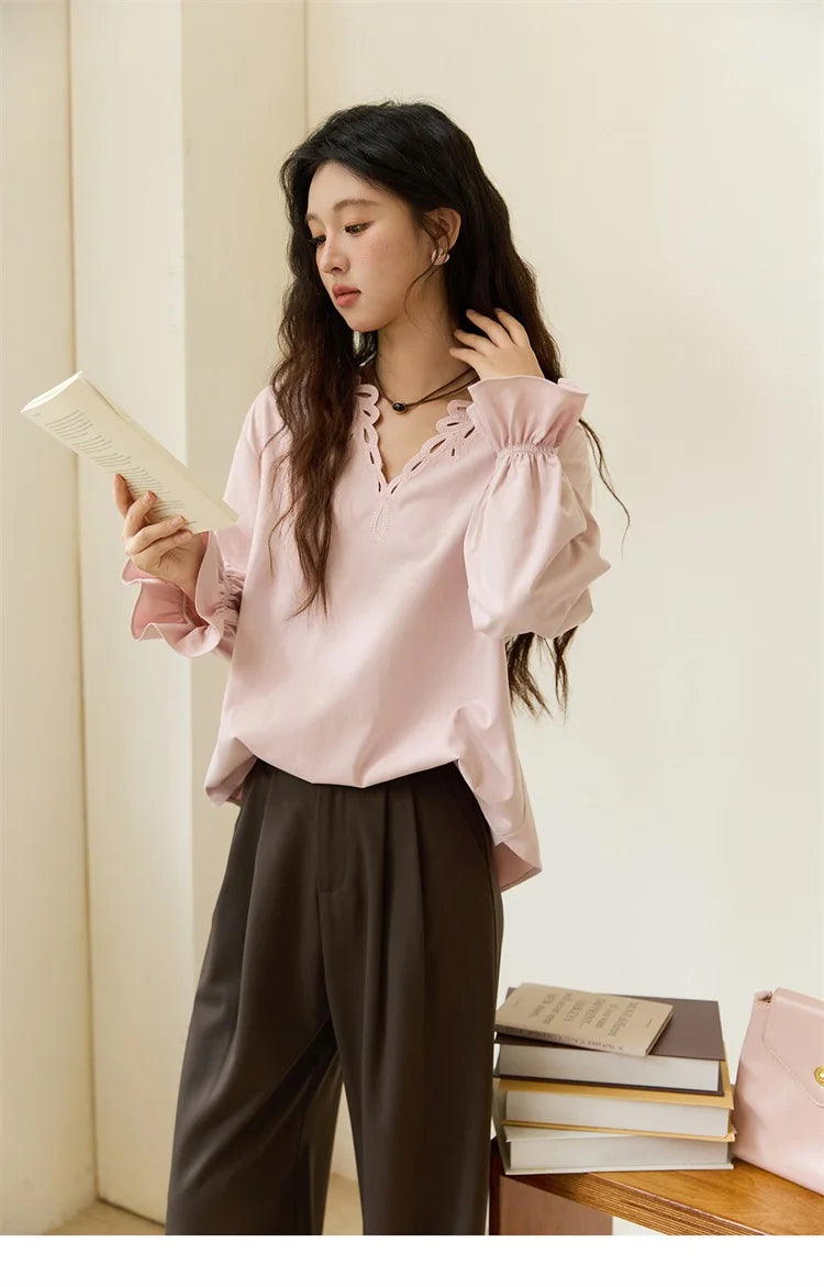 MISHOW French Style Hollow Out V-Neck Pink Blouse Long Sleeves MXE48X2502