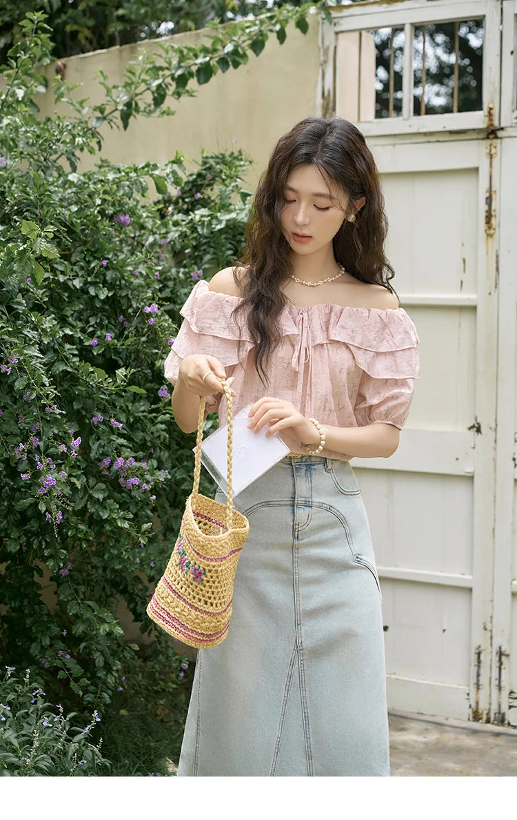 MISHOW French Retro Floral Blouse One Shoulder Ruffled Edge Lace Up MXD25X1520