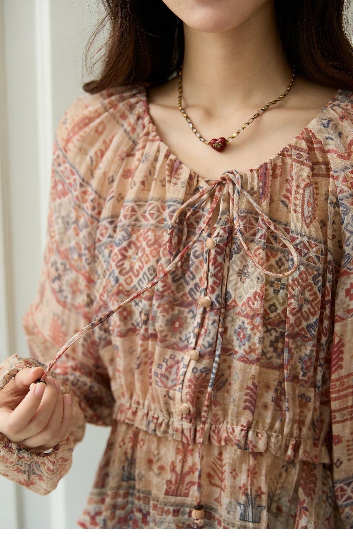 MISHOW National Style Printed Blouse Round Neck Drop Sleeve MXE47X2508