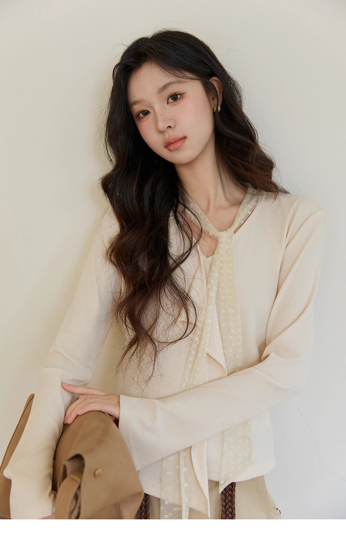 Mishow V-Neck Lace Ribbon Flare Sleeve Top MXF108Z1016