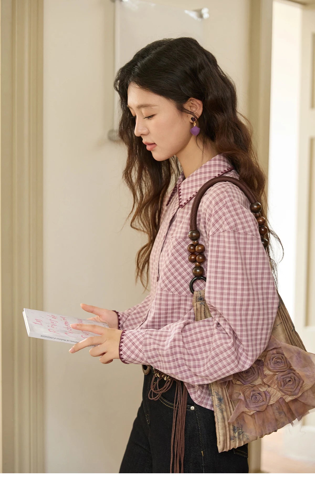 MISHOW Purple Plaid Shirt Contrast Embroidery Pocket MXE44C2394