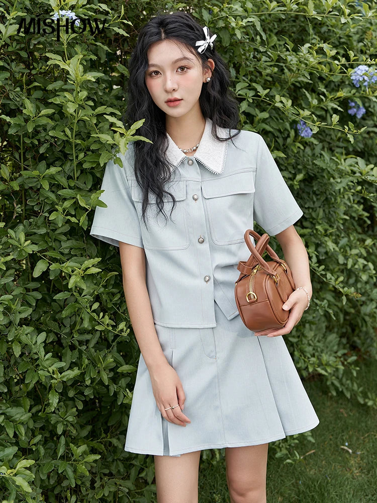 Mishow French Lapel Top & High Waist Pleated Skirt Set MXD24C0201