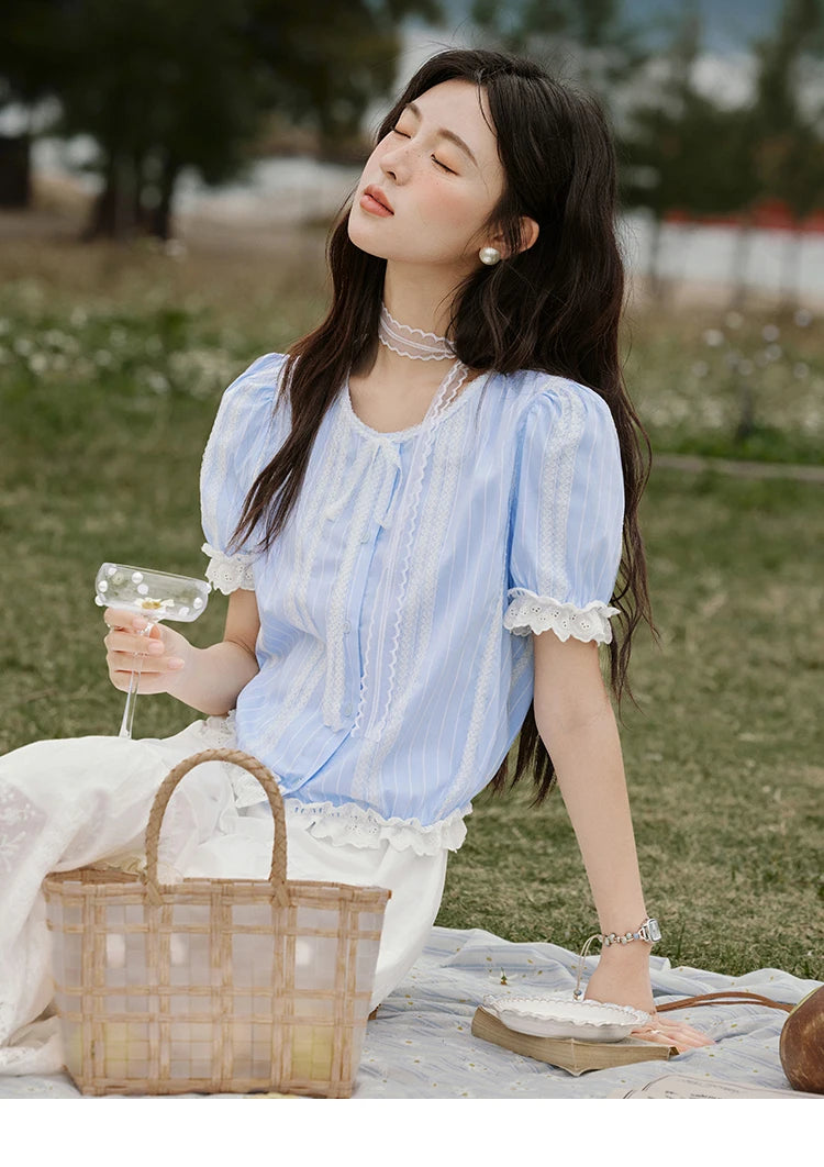 MISHOW Striped Blouse Short Puff Sleeve Lace Patchwork MXE32X1759