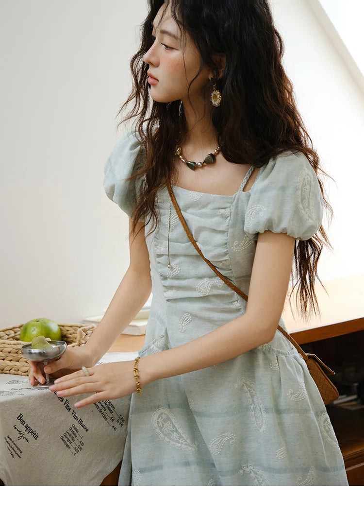 Mishow Paisley Embroidery Square Neck Puff Sleeve Dress MXE34L2265