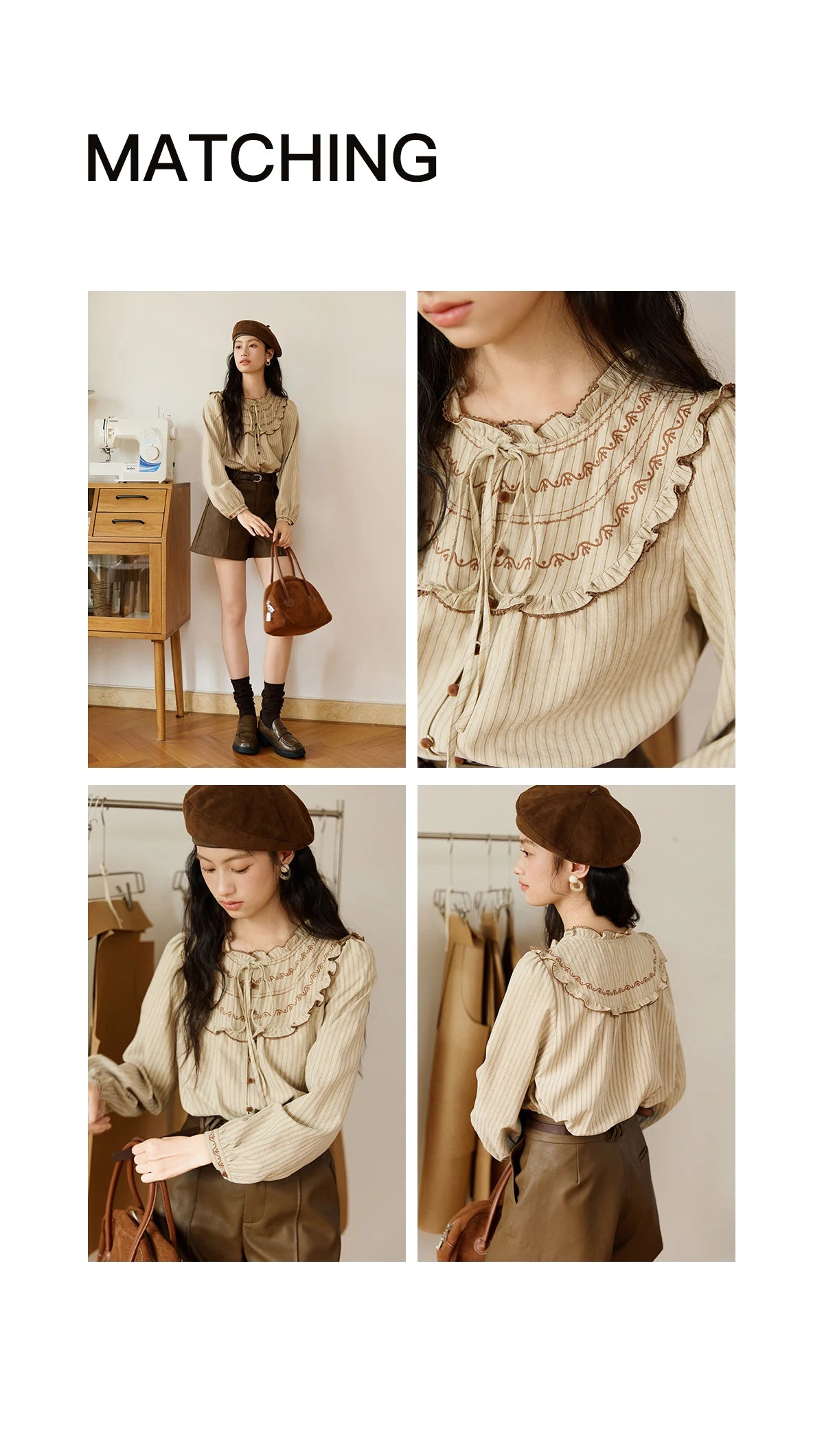 MISHOW Striped Shirt Wood Ear Edge Round Neck Embroidery MXE46X2492