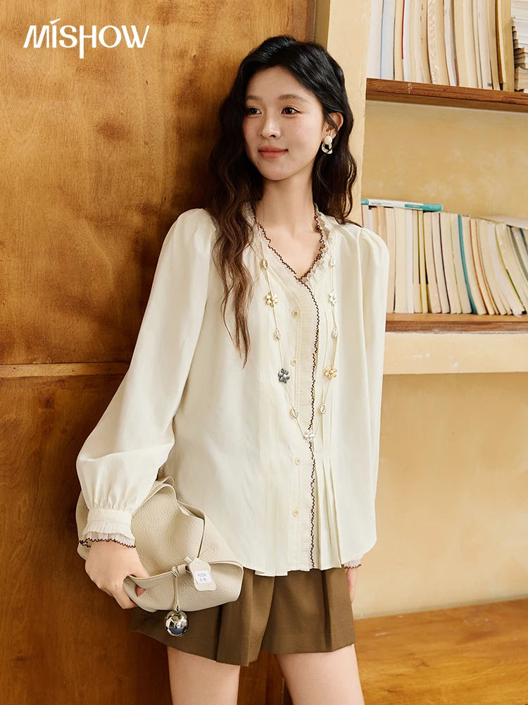 MISHOW Apricot Retro Blouse V-Neck Pleated Double-Layer Lace Lantern Sleeve MXE46C2404