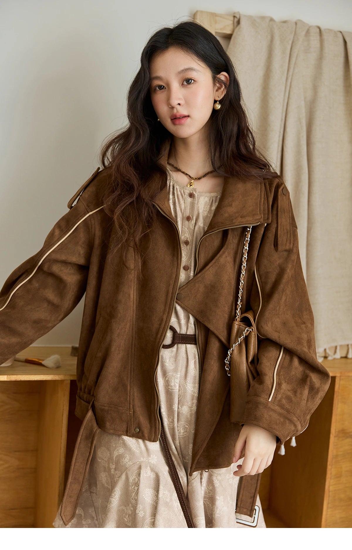 MISHOW Brown Suede Short Jacket Split Turn Down Collar MXE48W0850