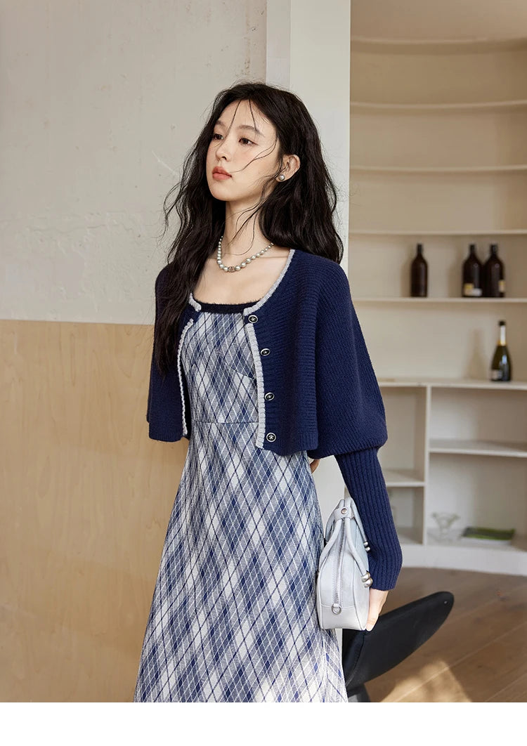 Mishow French Knitted Cardigan & Plaid Camisole Dress Set MXD43L2012