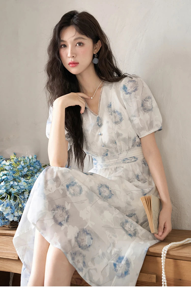 Mishow Taraxacum Print V-Neck Puff Sleeve Dress MXC39L1555