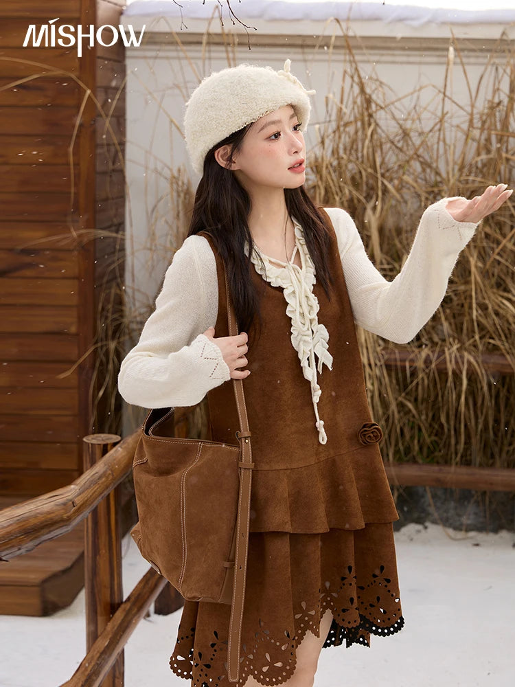 Mishow Brown Retro Suede Hollow Out Vest Dress MXE51L2524