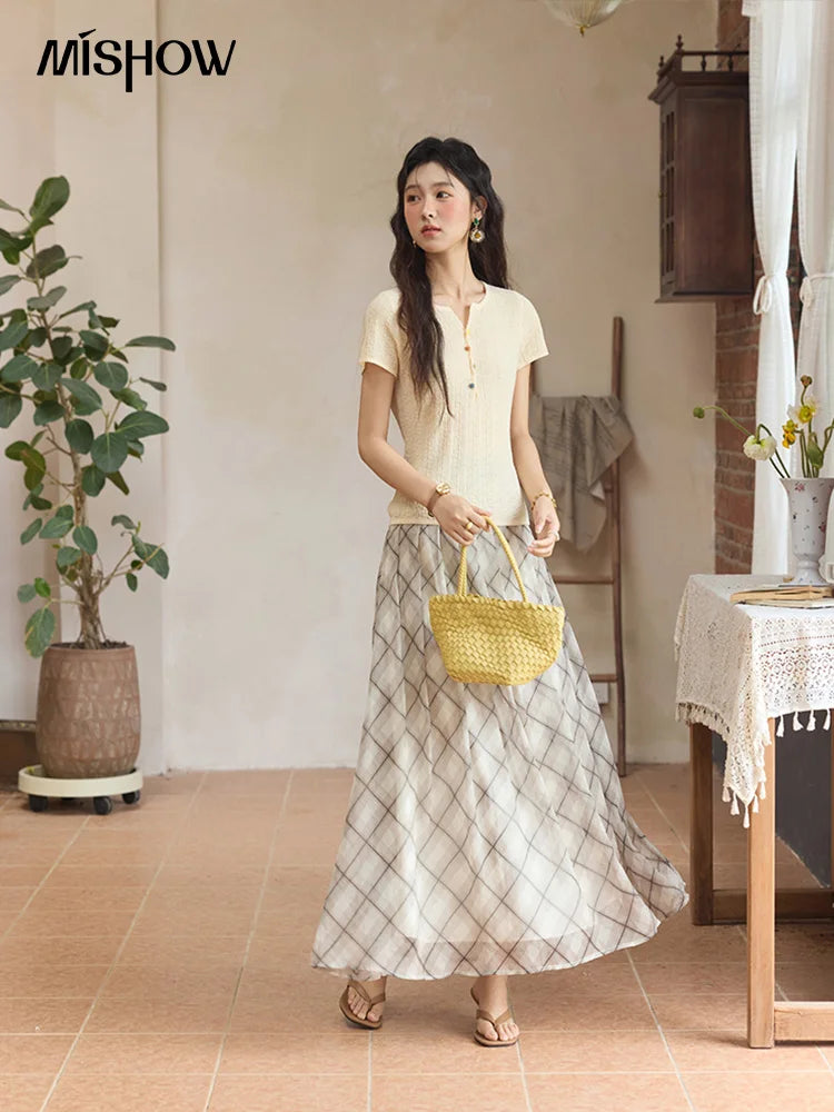 MISHOW Apricot Green Retro Plaid Skirt Pleated Chiffon High Waist A-Line MXE35B0747