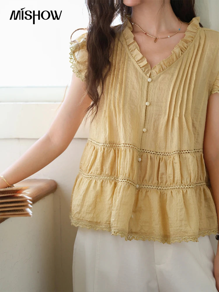 MISHOW Wood Ear V-Neck Shirt Flying Sleeve Wrinkle Spliced MXE37X1908