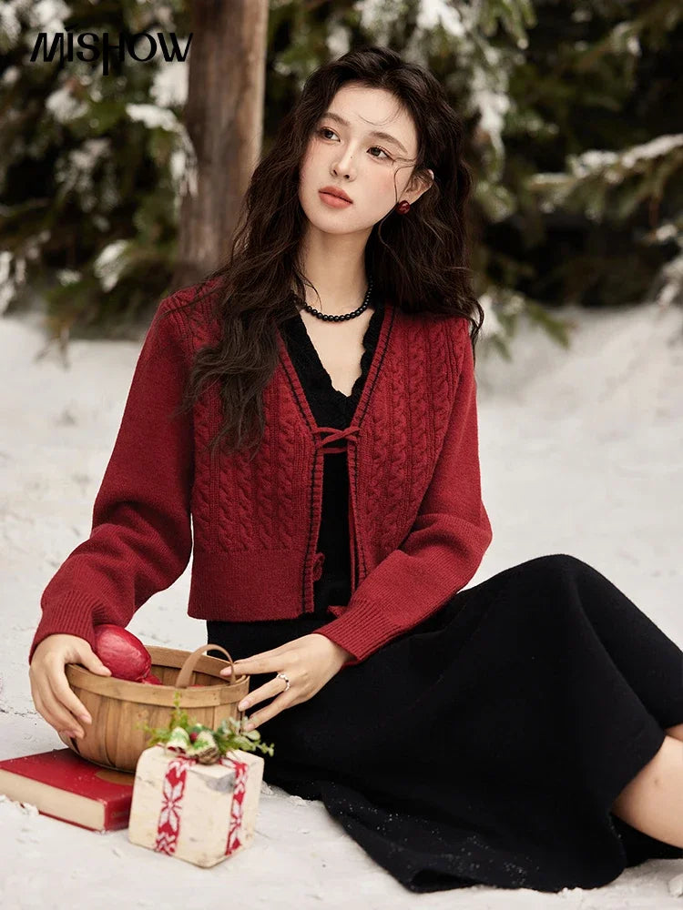 Mishow Red Knitted Cardigan & V-Neck Midi Dress Set MXD58L2085