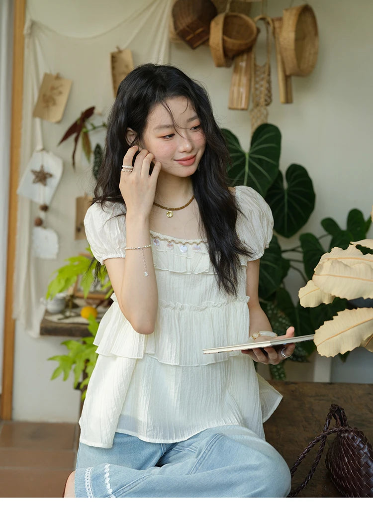 MISHOW French Square Collar Blouse Cake Ribbon Short Sleeve MXE33X1763