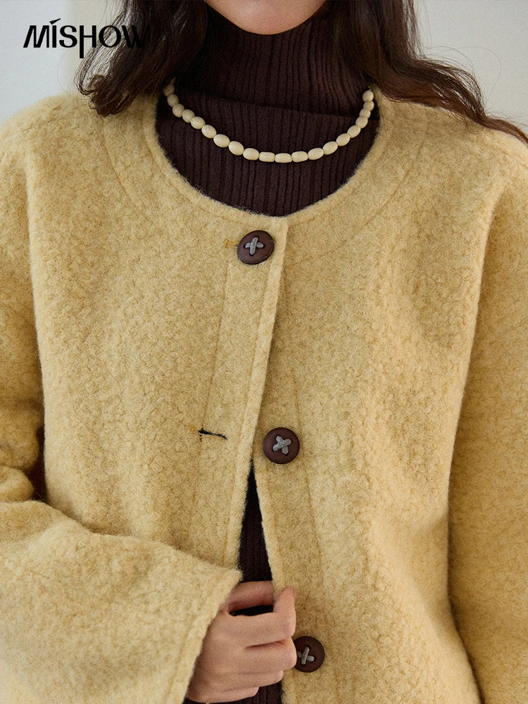 MISHOW Brown Wool Quilted Coat Round Neck Short Loose MXE87W0935