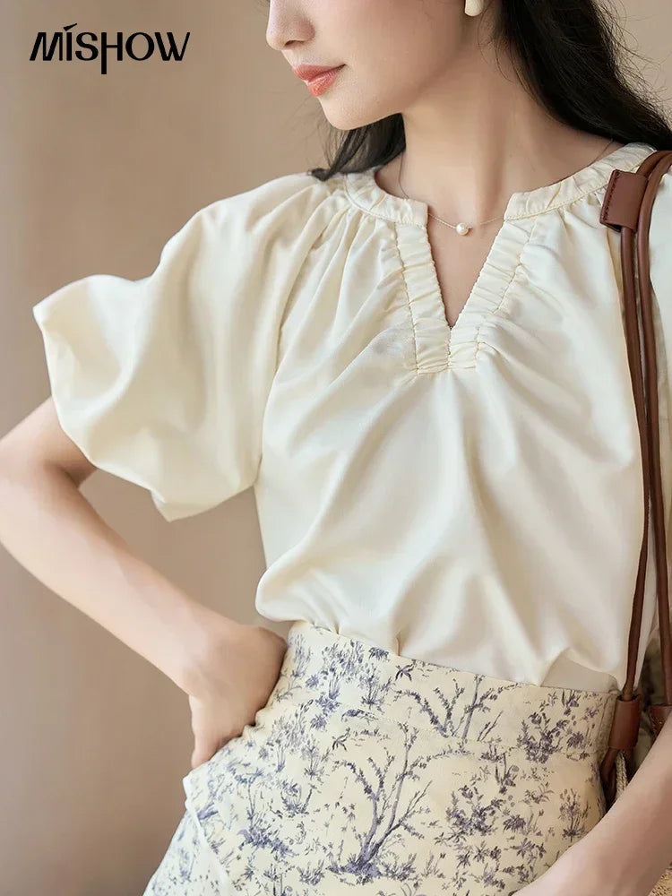 MISHOW French V-Neck Blouse Puff Sleeve Loose Summer MXC38X0043