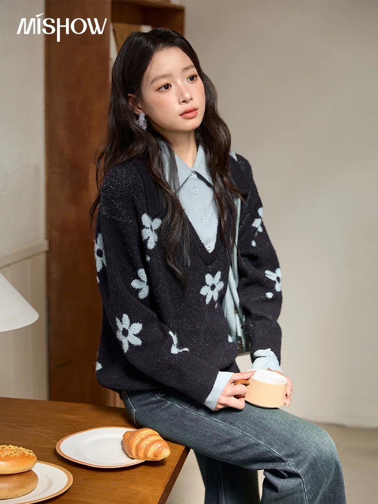 Mishow Dark Blue Fake Two-Piece Turn-Down Collar Sweater MXE51Z2554