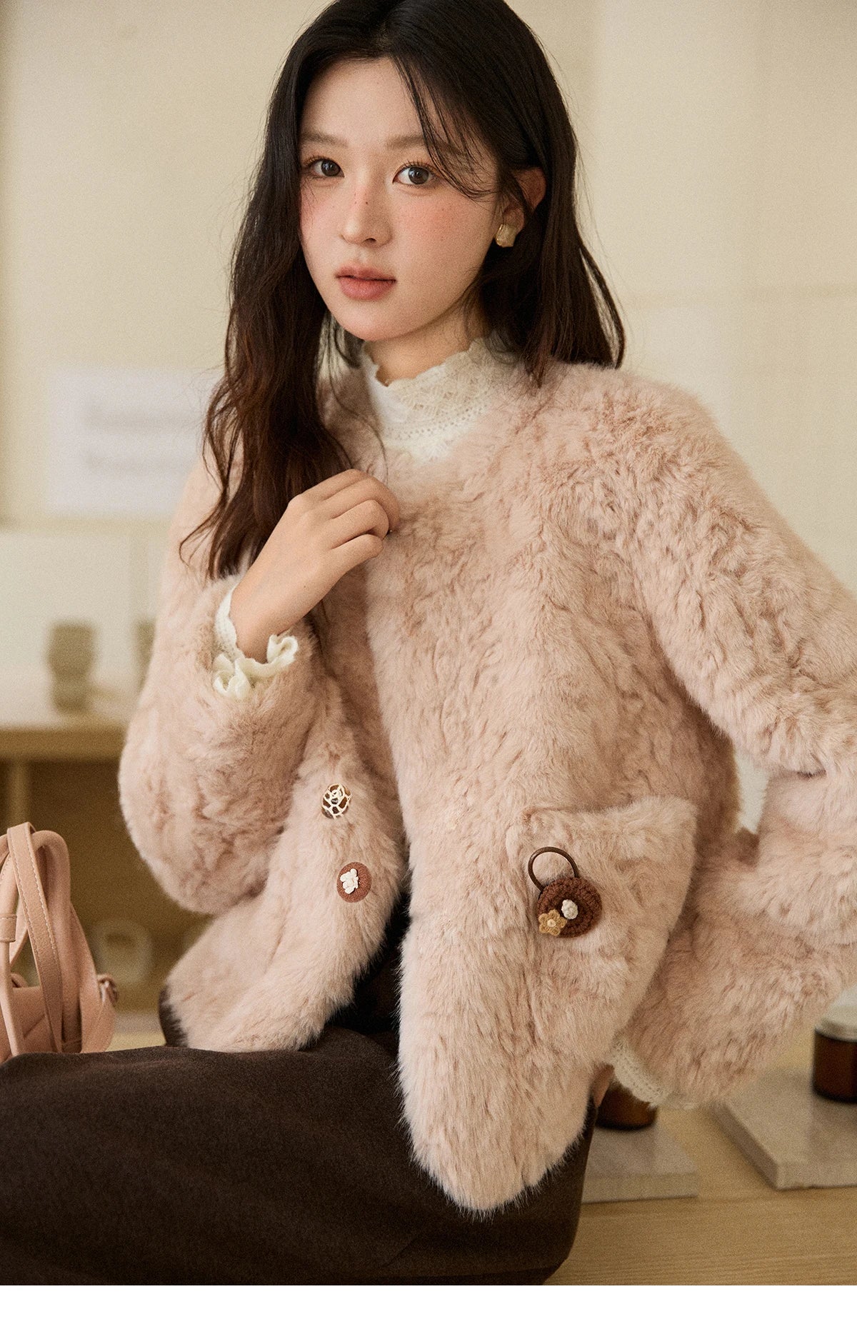 Mishow Sweet Pink Faux Rabbit Fur Coat MXE87W0990